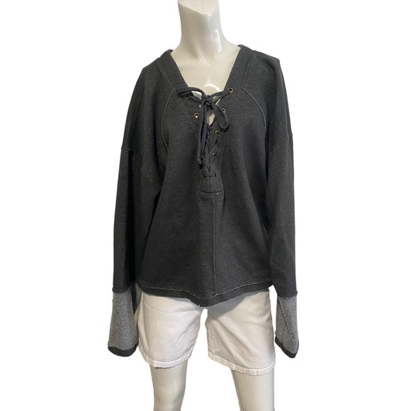 Free People Womens We The Free Gray Fleece Lace-up Sweatshirt Size XL - Picture 1 of 11